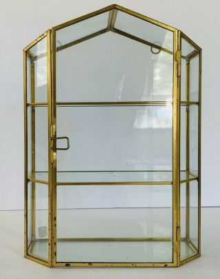 Vintage Brass Glass Curio Display Cabinet Case Shelf Display 9.  5 X 7 Wall Hang