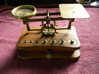 Antique Brass Scale On Oak Base With Drawer