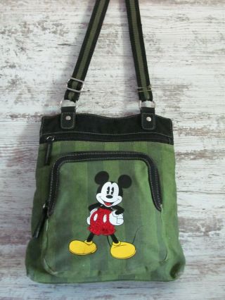 Disney Mickey Mouse Adjustable Crossbody Canvas Bag Purse Green Stripe & Sequins
