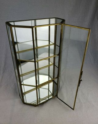 Vtg Brass Curio Glass Shelves Pentagon Mirror Table Top Cabinet Display Case 13 "
