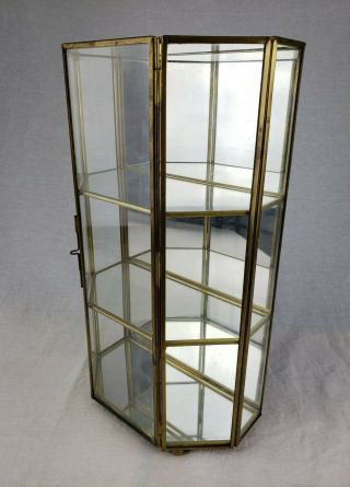 VTG Brass Curio Glass Shelves Pentagon Mirror Table Top Cabinet Display Case 13 