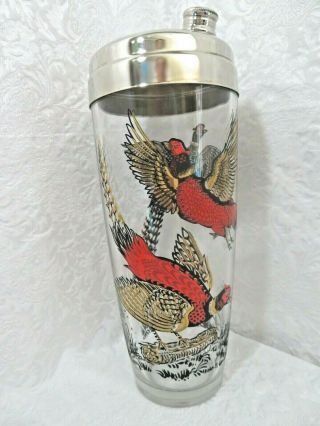 Vintage Cocktail Shaker Libbeys? Drink Mixer Glass Red Gold Black Pheasant Birds