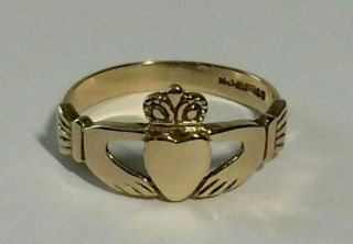 9,  Ct Yellow Gold Vintage Claddagh Ring,  Size O.  Or 7.  1/4,  Usa,  1.  97.  Grams,