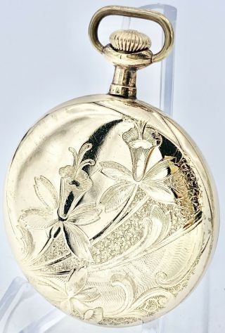 Vintage 16s Elgin Pocket Watch In Great Gold Filled “floral” Open Face Case