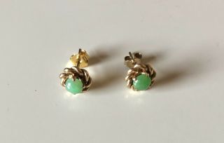 Vintage 1970s Apple Green Imperial Jade Ear Studs With 9ct Gold Twist Mounts