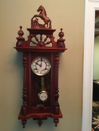 1983 Vintage Wooden Wall Clock With Pendulum,  Cherry Color Wood