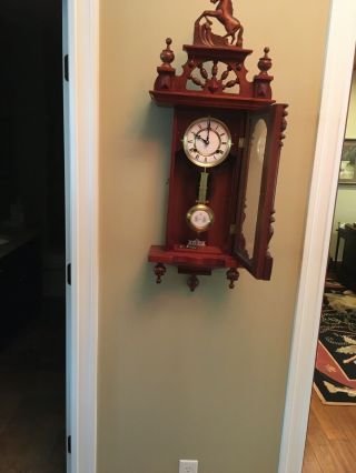 1983 vintage wooden wall clock with Pendulum,  cherry color wood 2