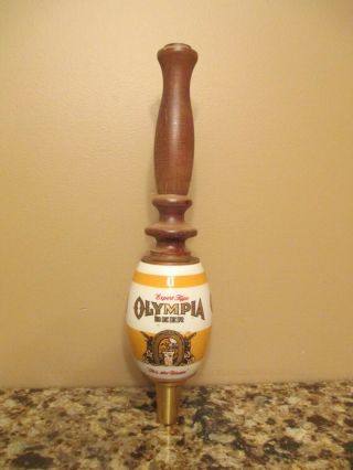 Large Vintage Wood,  Ceramic & Brass Olympia Beer Tap Handle