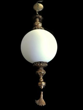 Vintage Mid Century Large Hanging Glass Shade White Globe Swag Hollywood Regency