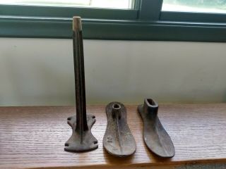 Antique Cast Iron Malleable Shoe Cobbler Stand Anvil And 2 Shoe Forms Lasts