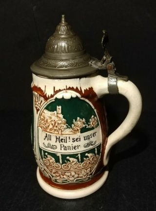 Antique 8 " German Hand Painted Lidded Beer Stein With Bicycle And Cyclist