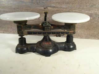 Antique Cast Iron & Porcelain Ohaus Balance Scale Apothecary General Store