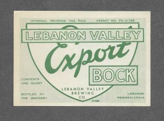 Lebanon Valley Export Bock Beer Label,  G - Permit,  Irtp,  Lebanon,  Pa One Quart