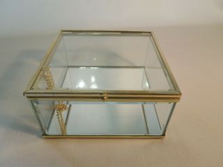 Glass & Brass Dresser Jewelry / Trinket Box Hinged Chained Lid Mirrored Bottom