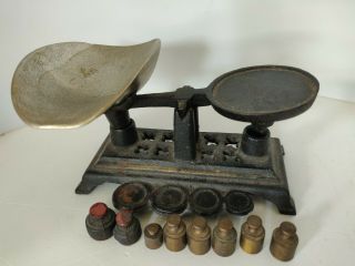 Vintage Small Mini Miniature Balance Scale Cast Iron With Scoop & Weights - Toy
