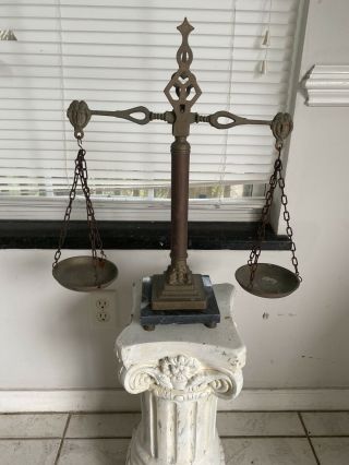 Vintage Large Brass & Copper Balance Scales Of Justice Marble Base Ornate Old