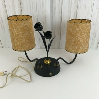 Vintage Mcm Black Gold Tole Double Light Rose Fiberglass Shades Table Lamp