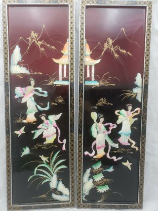 Set Of 2 Vintage Asian Black Lacquer Mother Of Pearl Wall Panels Art Asian Women