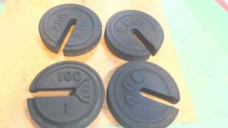 Vintage - Scale Weights - 4 - Platform Cast Iron With Slot - Stackable - 4 " Diam.