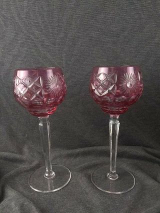 Fine Vintage Bohemian Cranberry Pink Cut To Clear Glass Wine Goblets