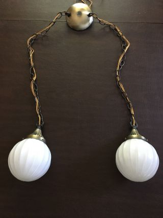 Vintage Mid Century 2 Hanging Glass Shades White Globes Light Fixture