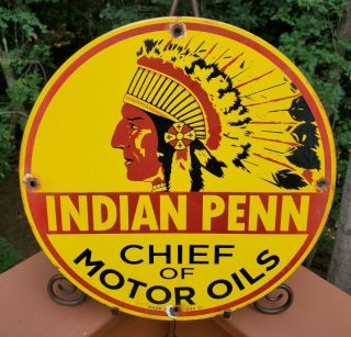 Old Vintage Indian Penn Chief Motor Oil Porcelain Enamel Gas Station Sign