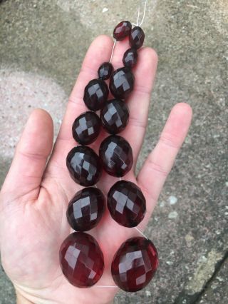 Good Vintage Phenolic Cherry Amber Bakelite Faturan Bead Necklace Faceted 67.  2g