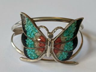 Vintage Navajo Sterling Multi Stone Inlay Butterfly Cuff Bracelet Signed