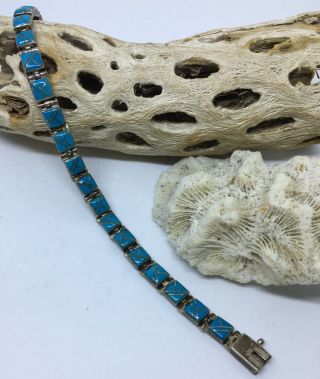 Vintage Dm Native American Sterling Silver Turquoise Inlay Link Bracelet 7”