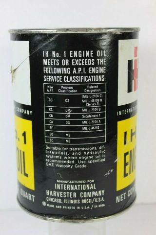Vintage 1970’s IH International Harvester Co.  No.  1 Paper Label Engine Oil Can 3