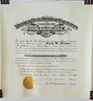 Vtg 1938 Funeral Director & Embalmer License,  St.  Johns Mi,  14.  5 X 14