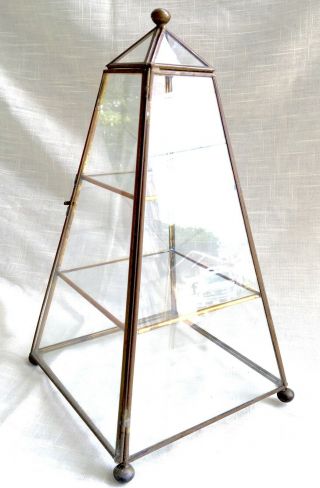 Small Vintage Brass & Glass 3 Shelf Display Case - Obelisk Shape
