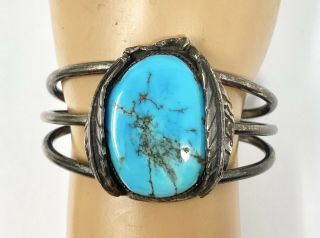 Vintage Mexican Sterling Silver Turquoise Cuff Bracelet 7” (61.  8g)