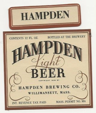 Hampden Light Beer Label With Neck Irtp Willimansett Ma