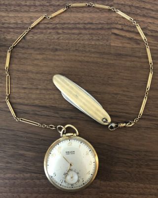 Vintage Gruen Veri - Thin Pocket Watch Gold Color With Chain And Pocket Knife