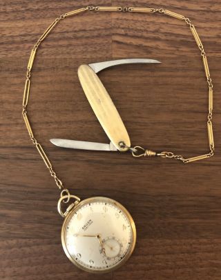 Vintage Gruen Veri - thin Pocket Watch Gold Color With Chain And Pocket Knife 2