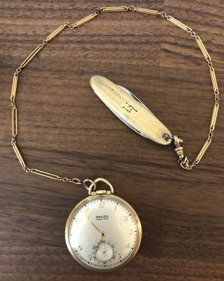 Vintage Gruen Veri - thin Pocket Watch Gold Color With Chain And Pocket Knife 3