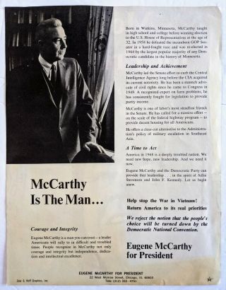 1968 Senator Eugene McCarthy Campaign Flyer Poster For President 8.  5 x 11 2