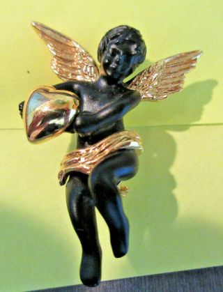 Vintage Coreen Simpson Black Angel Cherub Gold Heart/wings Pin Marked