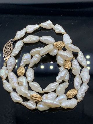 Vintage 14k Gold Fresh Water Pearl Bead Necklace Hand Knotted Sterling Clasp