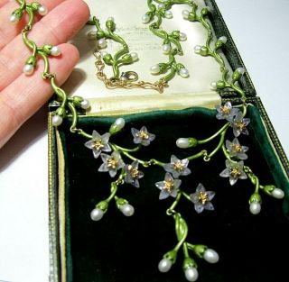 Vintage Style Art Deco Enamelled Real Pearl Forget Me Not Necklace