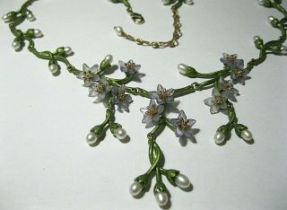 Vintage Style Art Deco Enamelled REAL PEARL Forget me Not NECKLACE 3
