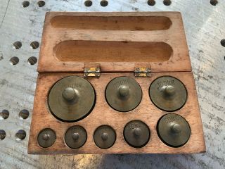 8 Vintage Antique Brass Balance Scale Weights With Wooden Box