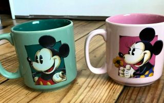 Disney Store Mickey And Minnie Mouse Coffee Cup Mug Set Of 2 Pink And Green Vtg