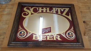 Vintage 1981 Schlitz Beer Mirror Bar Sign W/ Oak Frame Old Stock