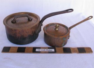 (2) Vtg Mauviel France Small Copper / Stainless Lined Saucepan Sauce Pot W Lids