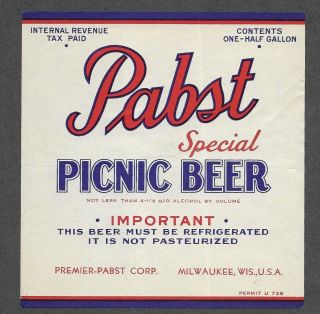 Nlt 4 - 1/2 Pabst Picnic Beer Label,  Irtp,  U - Permit,  Milwaukee Wi,  1/2 Gal.