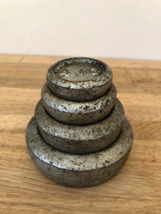 Antique Vintage Cast Iron Scale Weights Set Of 4 Weights 4oz,  8oz,  1lb,  2lb