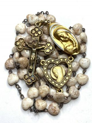 † Vintage White With Gold Accents Heart Glass Rosary Necklace 31 " 40 Grs †