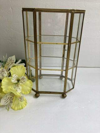 8 1/2” Tall Vtg Glass And Brass Small Curio Display Cabinet 8 Sided Ball Feet